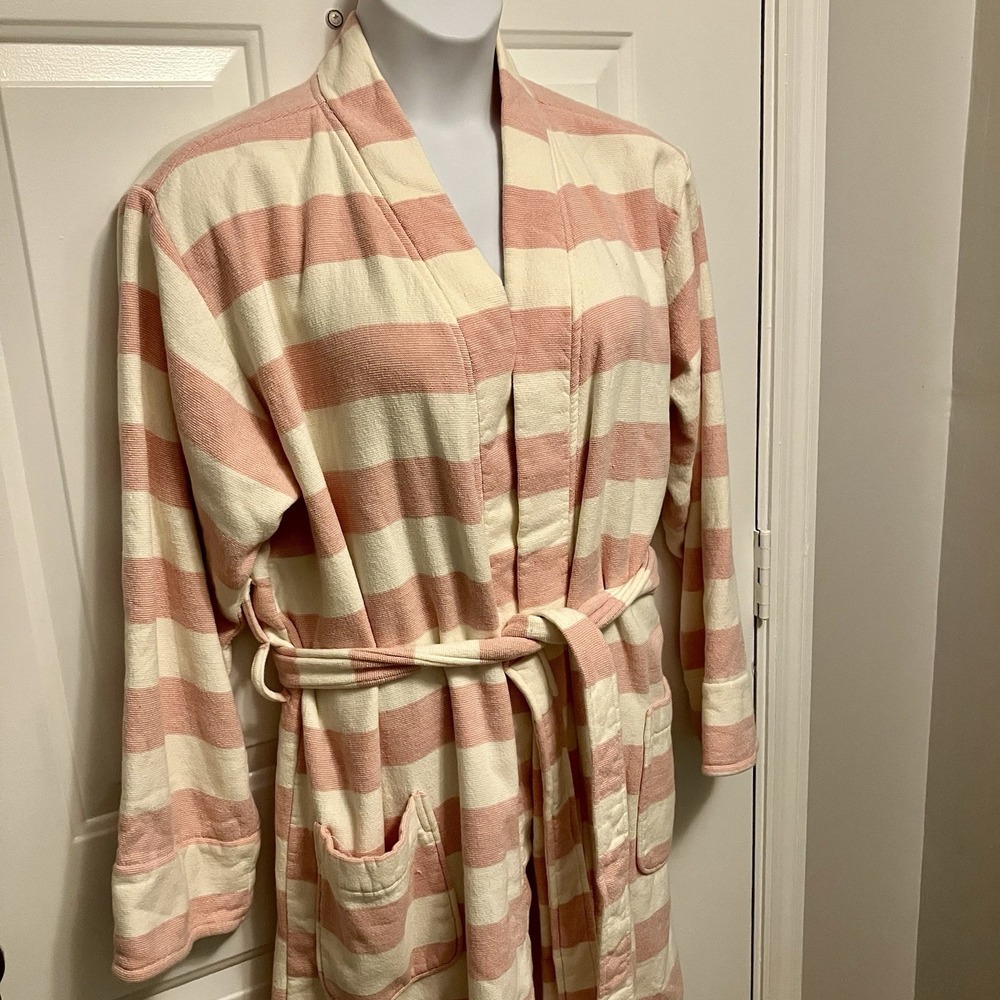 Pottery Barn Pink Ivory Sz Large Striped Terrycloth Resort Robe Women's Bathrobe - Picture 3 of 8